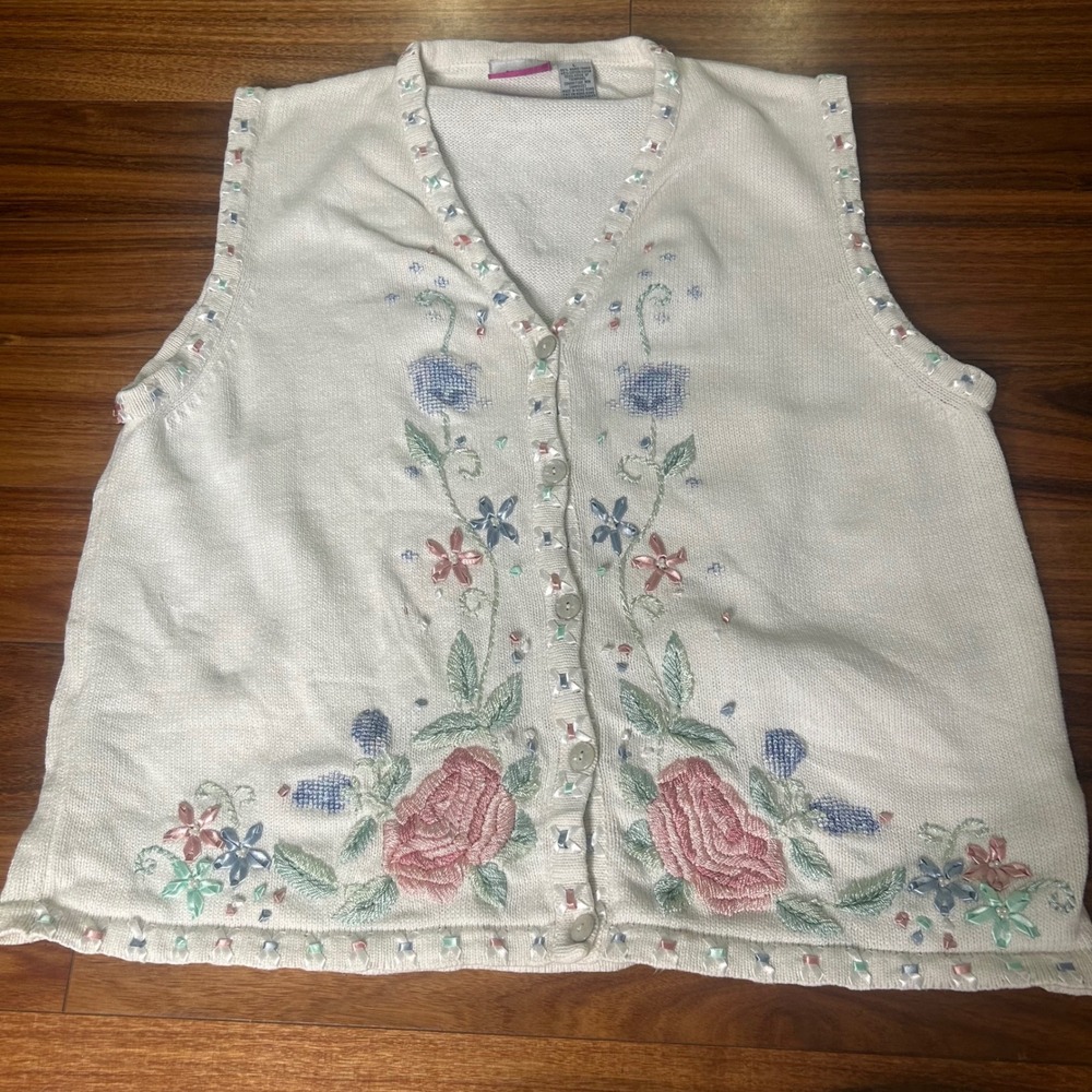 Vintage tan Jay Floral Embroidered Knit Vest Sleeveless Top Women's Size L
